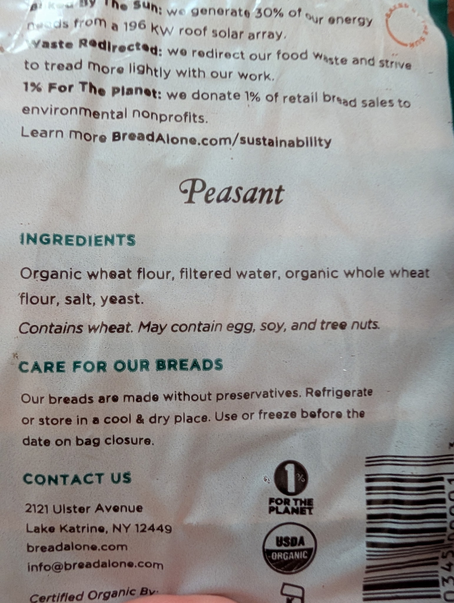 Bread Alone Peasant bread ingredients label