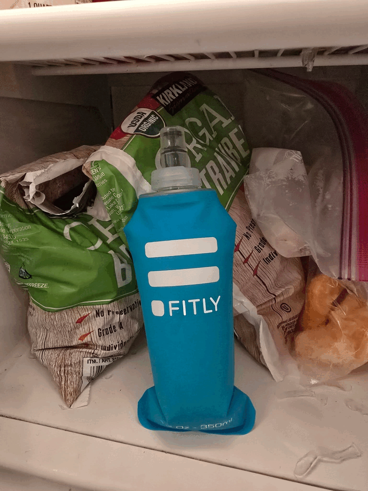 Frozen Fitly bottle in freezer