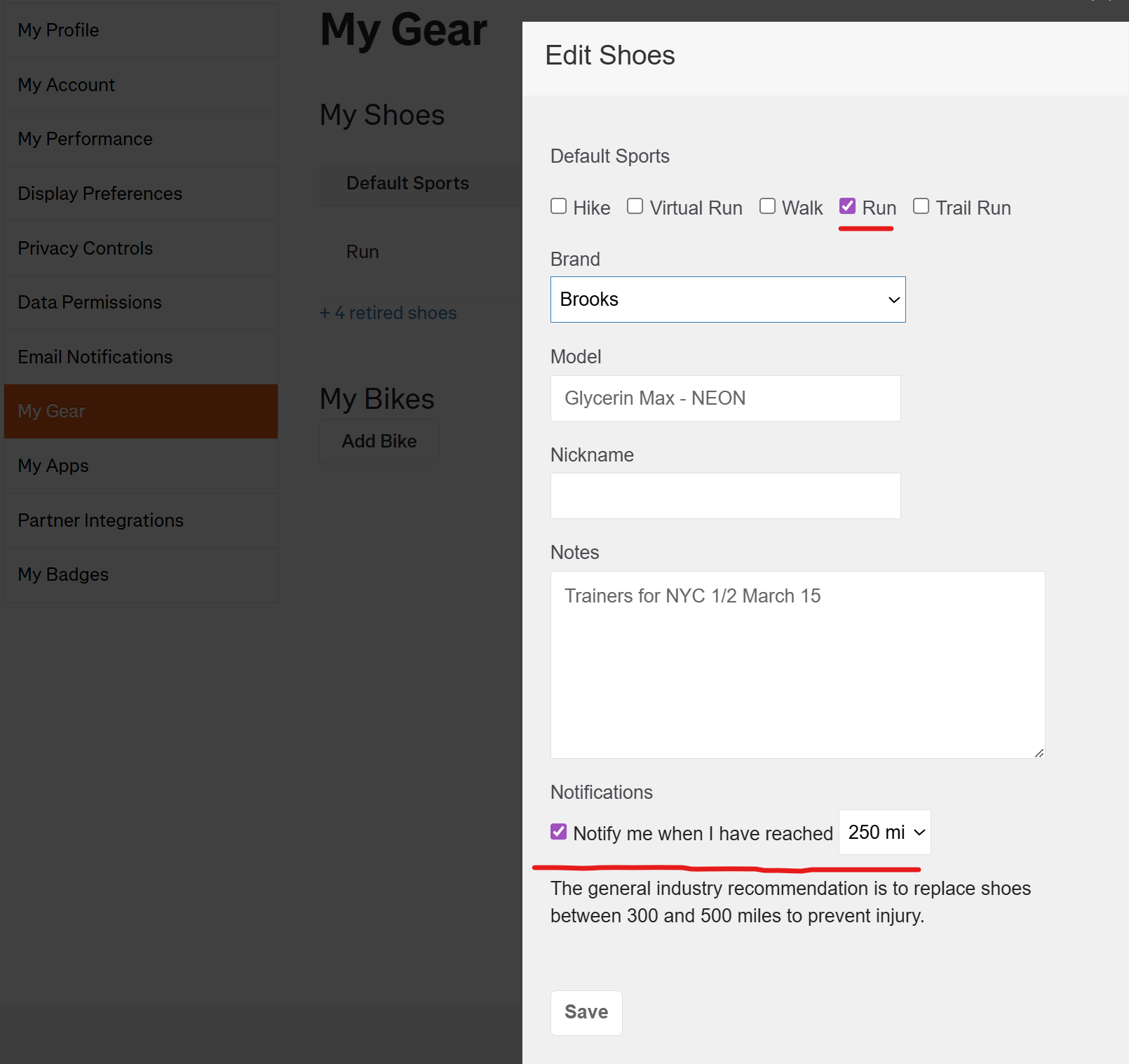 Strava My Gear Settings