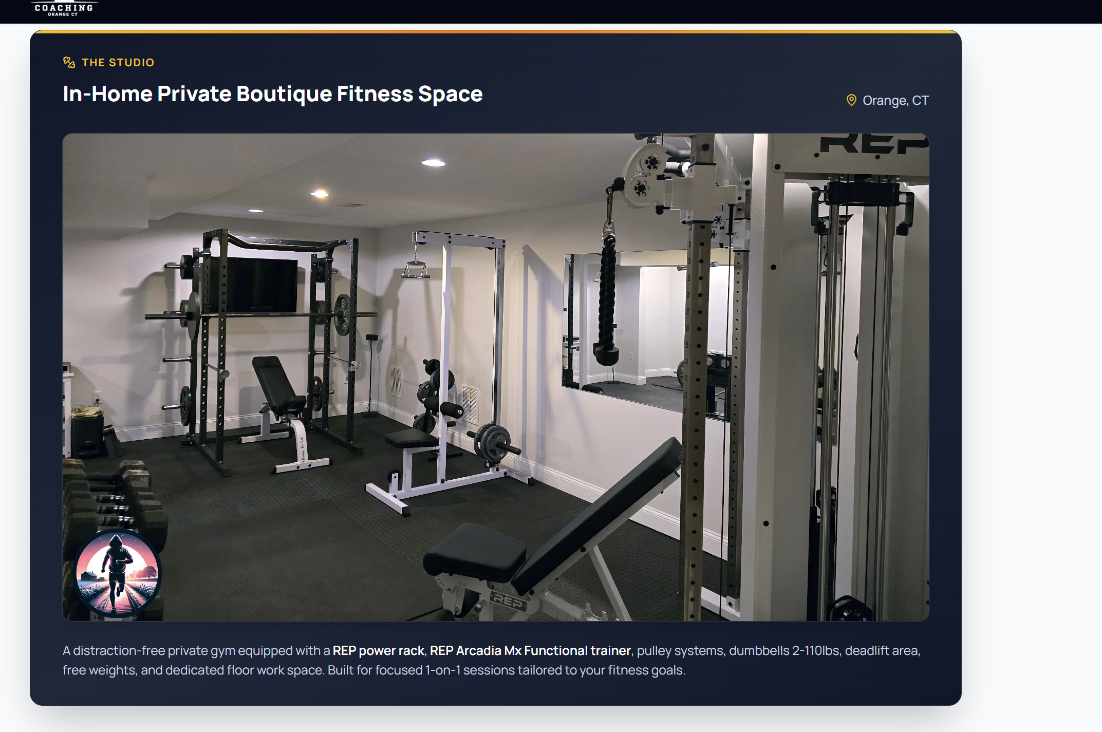 Inside the Get Up Earlier in-home private boutique fitness studio in Orange, CT with REP power rack, REP Arcadia Mx Functional trainer, dumbbells, and bench