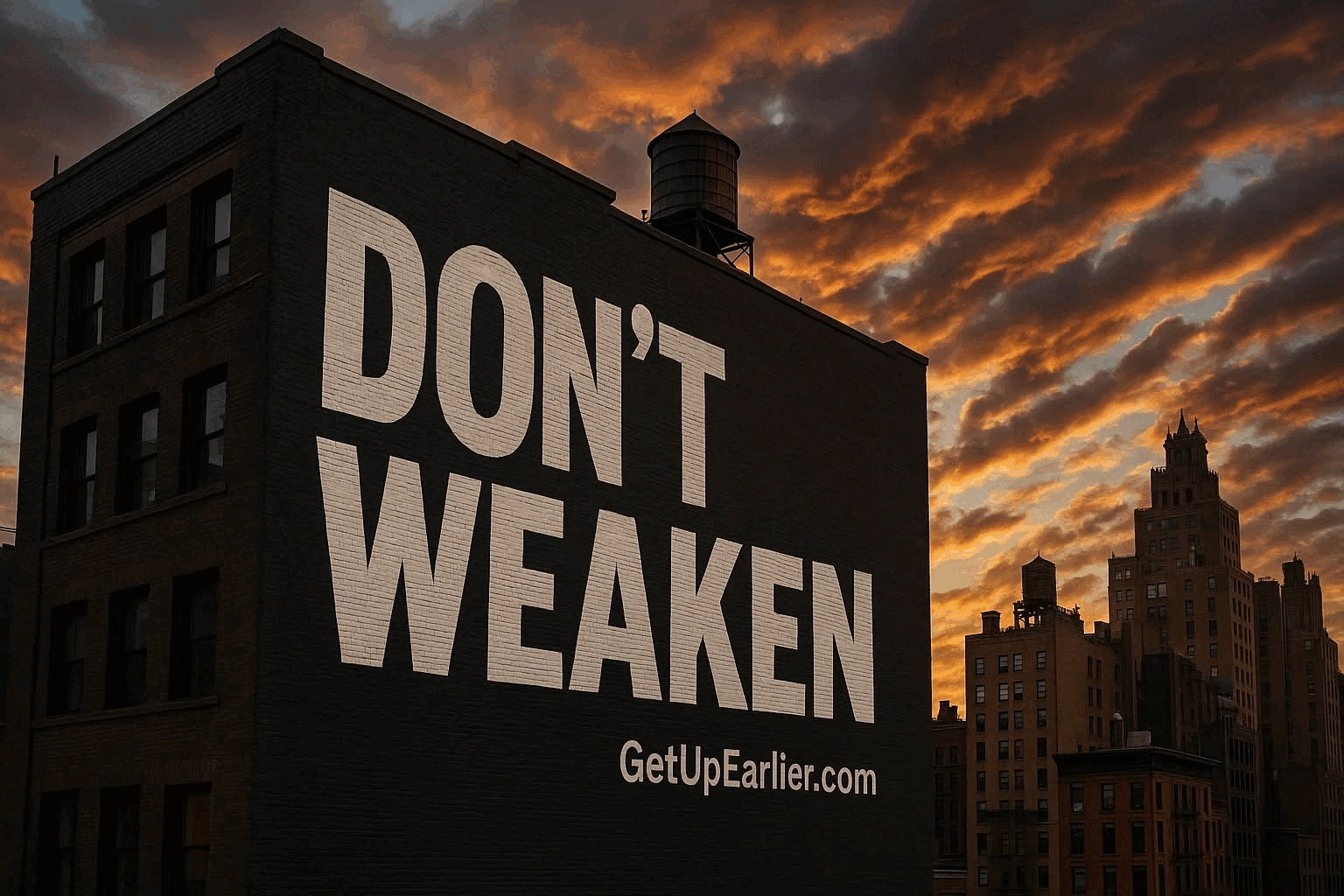 City billboard saying "Don't Weaken" with GetUpEarlier.com