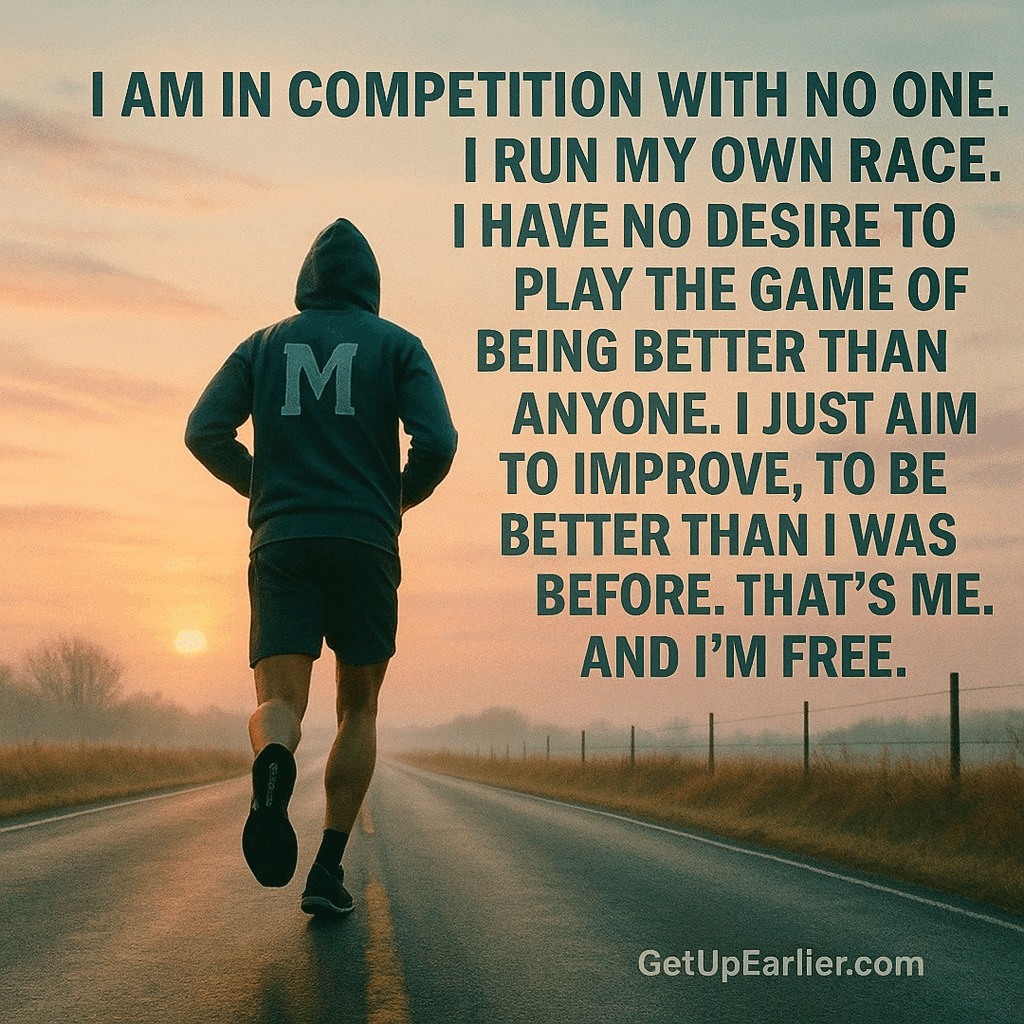 Runner on sunrise road with quote about running own race